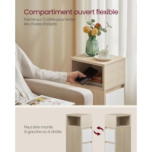 VASAGLE Kailyn Collection - Smalt natbord, sidebord, 2 skuffer og �bent rum, venstre- eller h�jremontering, sovev�relse, stue, naturlig beige og skyhvid LET656N01