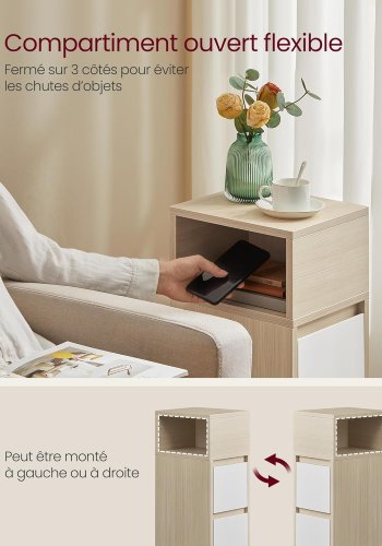 VASAGLE LET656N01 Kailyn smal natbord, m. 1 �bent rum, 2 skuffer, venstre- eller h�jremontering - beige/hvid sp�nplade/MDF (25x30)