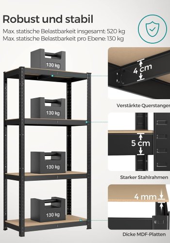 SONGMICS Kraftig reol, s�t med 2, k�lderreol, opbevaringsreol, 40 x 80 x 160 cm, reol med st�lramme, lasteevne op til 520 kg, 4 justerbare hylder, sort GLR048BZ01