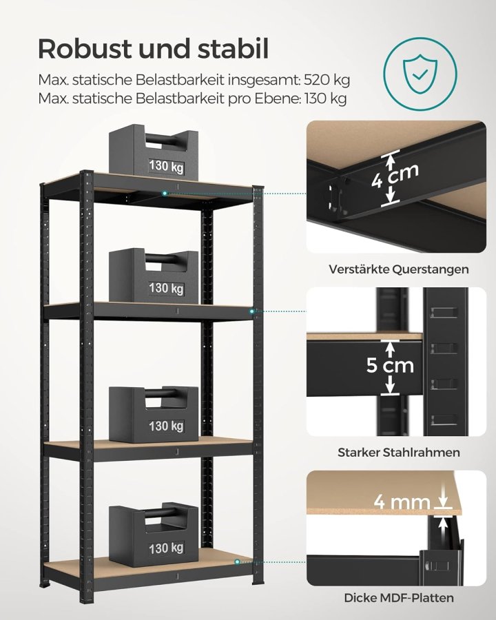 SONGMICS Kraftig reol, s�t med 2, k�lderreol, opbevaringsreol, 40 x 80 x 160 cm, reol med st�lramme, lasteevne op til 520 kg, 4 justerbare hylder, sort GLR048BZ01
