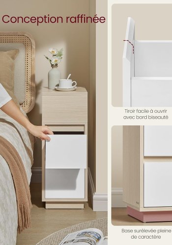 VASAGLE Kailyn Collection - Smalt natbord, sidebord, 2 skuffer og �bent rum, venstre- eller h�jremontering, sovev�relse, stue, naturlig beige og skyhvid LET656N01