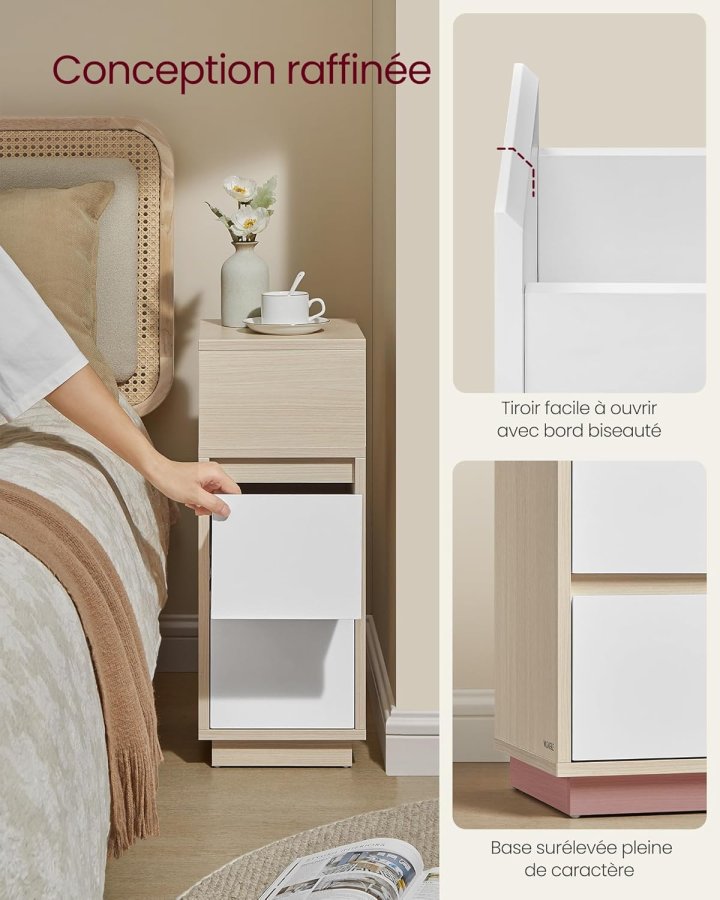 VASAGLE Kailyn Collection - Smalt natbord, sidebord, 2 skuffer og �bent rum, venstre- eller h�jremontering, sovev�relse, stue, naturlig beige og skyhvid LET656N01