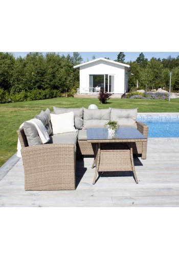 VENTURE DESIGN Watford hjrne hagesofa med puter i naturstoff og glassbord - naturlig aluminium og flettet