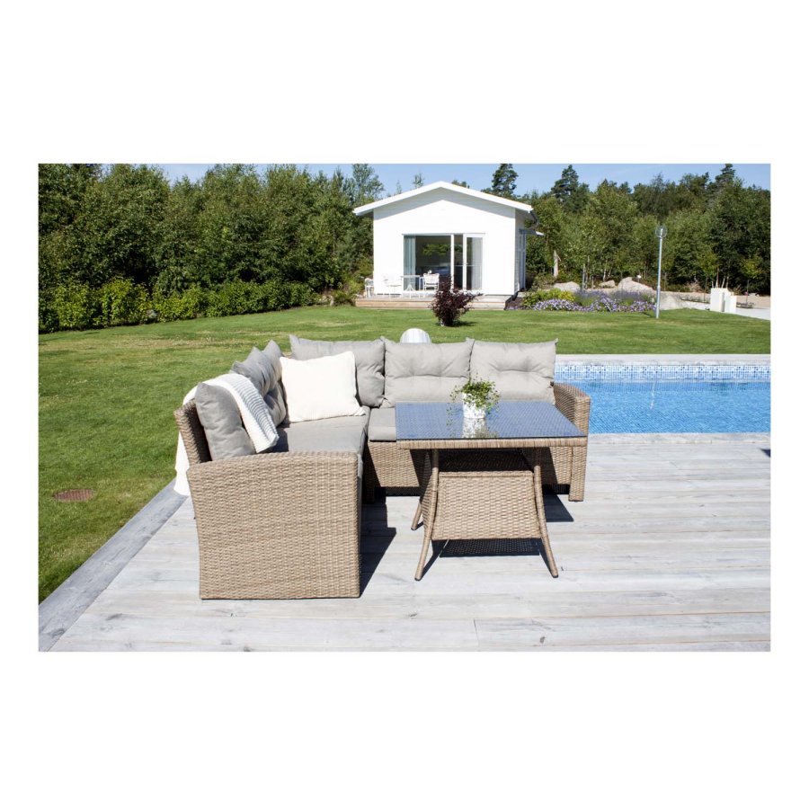 VENTURE DESIGN Watford hjrne hagesofa med puter i naturstoff og glassbord - naturlig aluminium og flettet