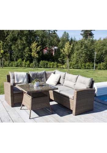 VENTURE DESIGN Watford hjrne hagesofa med puter i naturstoff og glassbord - naturlig aluminium og flettet