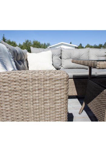 VENTURE DESIGN Watford hjrne hagesofa med puter i naturstoff og glassbord - naturlig aluminium og flettet