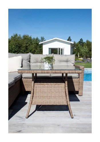 VENTURE DESIGN Watford hjrne hagesofa med puter i naturstoff og glassbord - naturlig aluminium og flettet