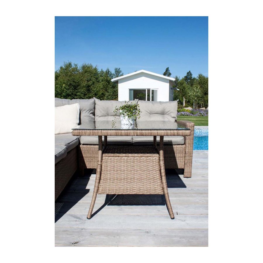 VENTURE DESIGN Watford hjrne hagesofa med puter i naturstoff og glassbord - naturlig aluminium og flettet