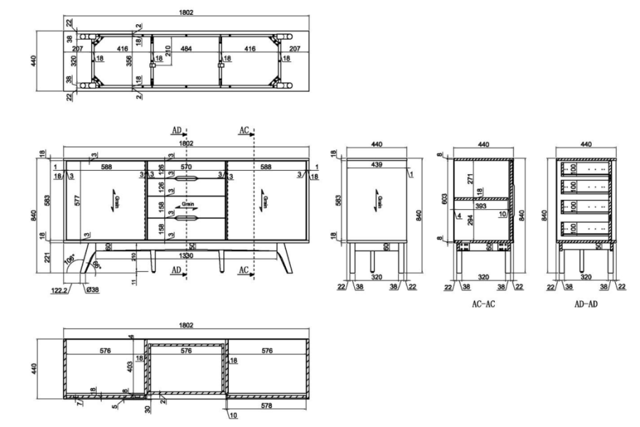 ACT NORDIC Marte Sideboard - ge�ltes Holz, mit 4 Schubladen und 2 T�ren