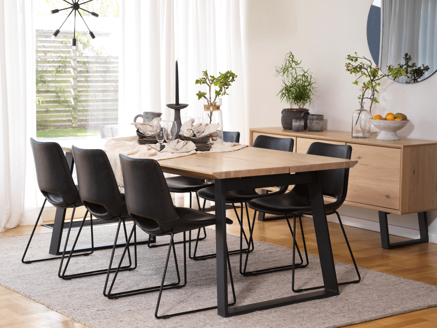 ROWICO rektangulr Melville spisebord m. udtrk - hvidvasket eg og sort metal (210x95) 