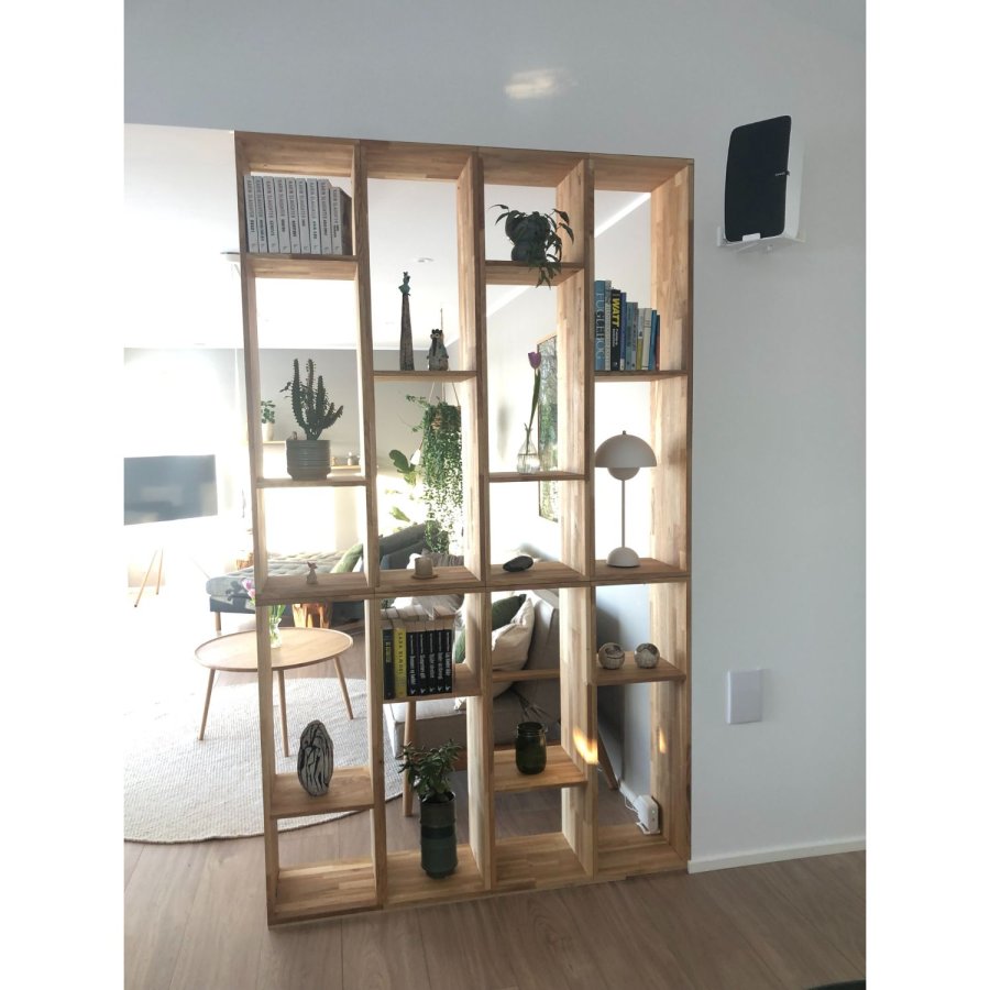 NOCNOI Puzzle rektangulr bokhylle, m. 3 rom - massiv oljet eik, for vegg/gulv (104x36)