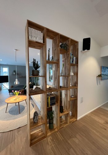 NOCNOI Puzzle rektangulr bokhylle, m. 3 rom - massiv oljet eik, for vegg/gulv (104x36)