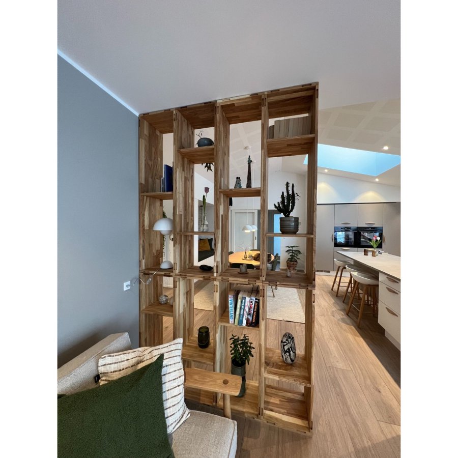 NOCNOI Puzzle rektangulr bokhylle, m. 3 rom - massiv oljet eik, for vegg/gulv (104x36)