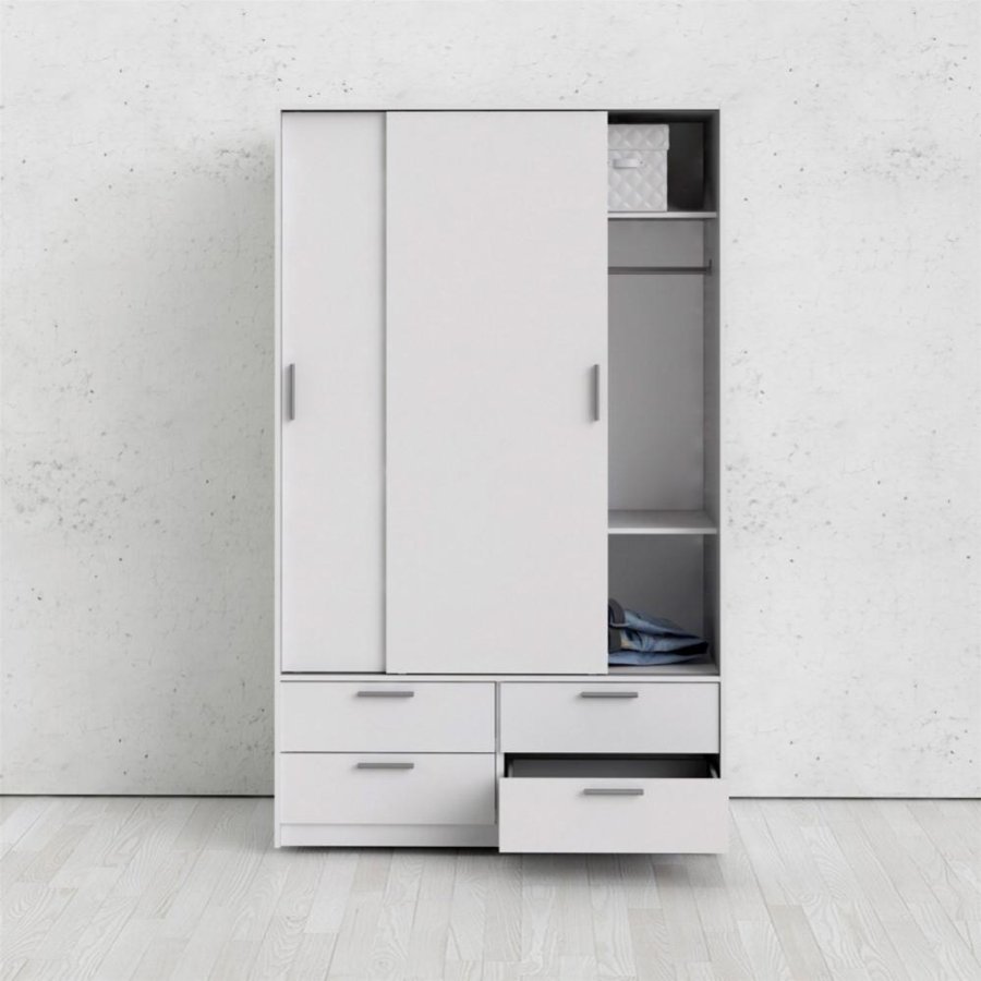 TVILUM Line Kleiderschrank, mit 2 Schiebetüren und 4 Schubladen - weiße Folie