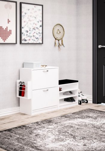 FUNZI LIVING Trend Schuhschrank, mit Kissen, 2 Türen und 2 Einlegeböden - Melamin weiß