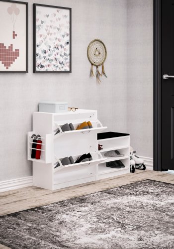 FUNZI LIVING Trend Schuhschrank, mit Kissen, 2 Türen und 2 Einlegeböden - Melamin weiß