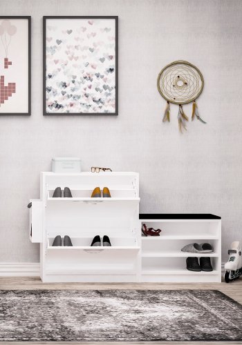 FUNZI LIVING Trend Schuhschrank, mit Kissen, 2 Türen und 2 Einlegeböden - Melamin weiß