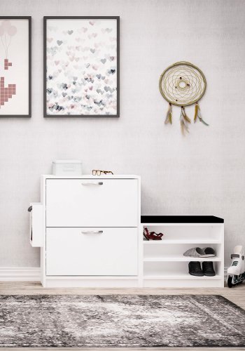 FUNZI LIVING Trend Schuhschrank, mit Kissen, 2 Türen und 2 Einlegeböden - Melamin weiß