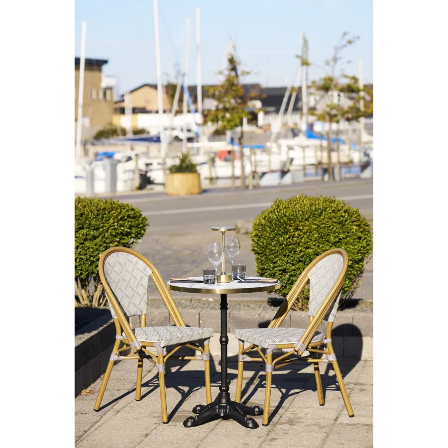 HOUSE NORDIC uteserveringsbord, rundt - hvit marmorlignende bordplate med gullkant og svart st�pejern (�60)