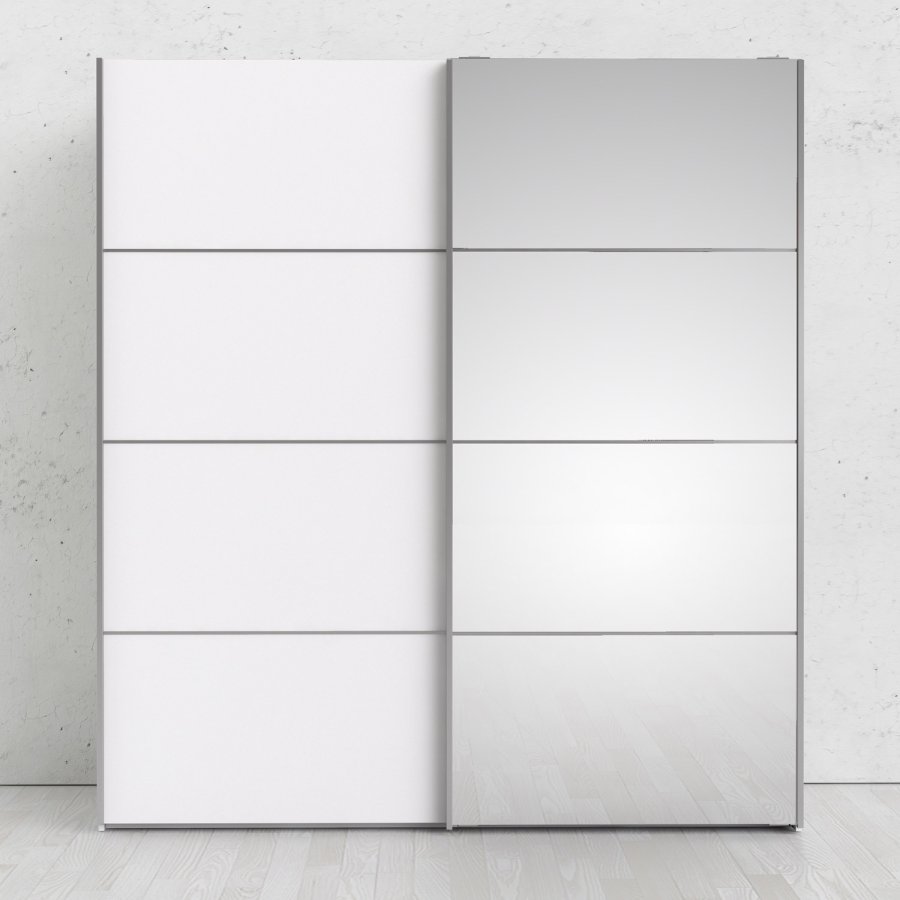 TVILUM Verona skjutdrrsgarderob - vit laminat och spegelglas, 2 skjutdrrar med hyllor