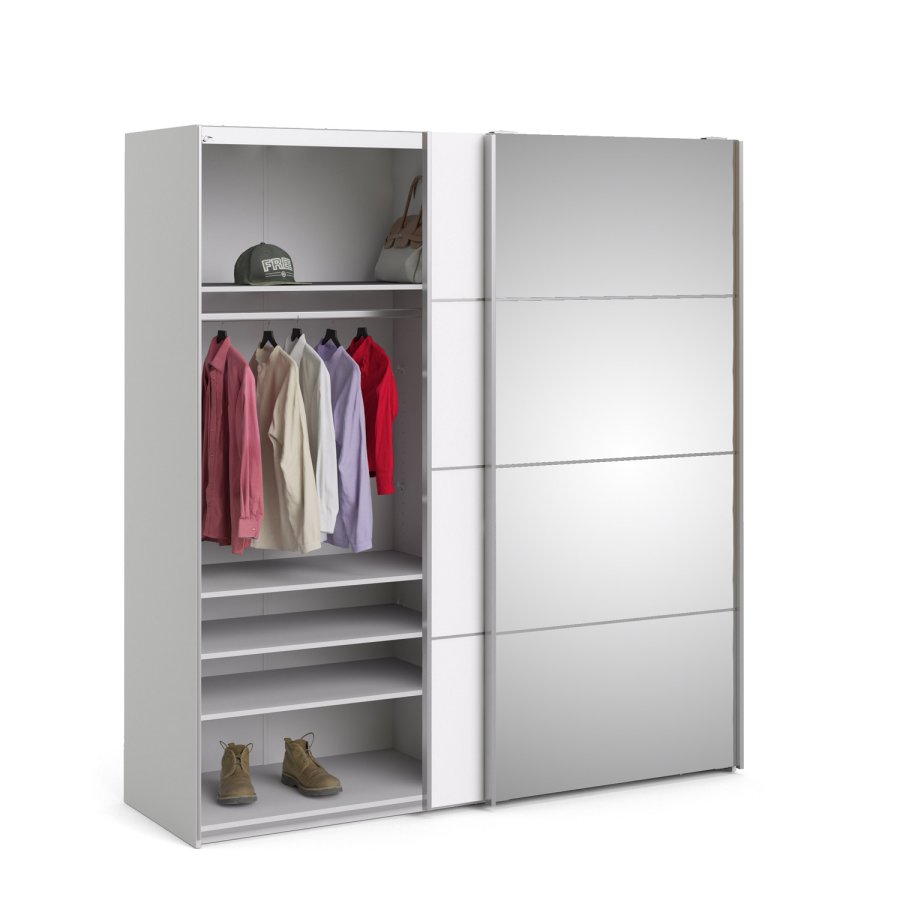TVILUM Verona skjutdrrsgarderob - vit laminat och spegelglas, 2 skjutdrrar med hyllor