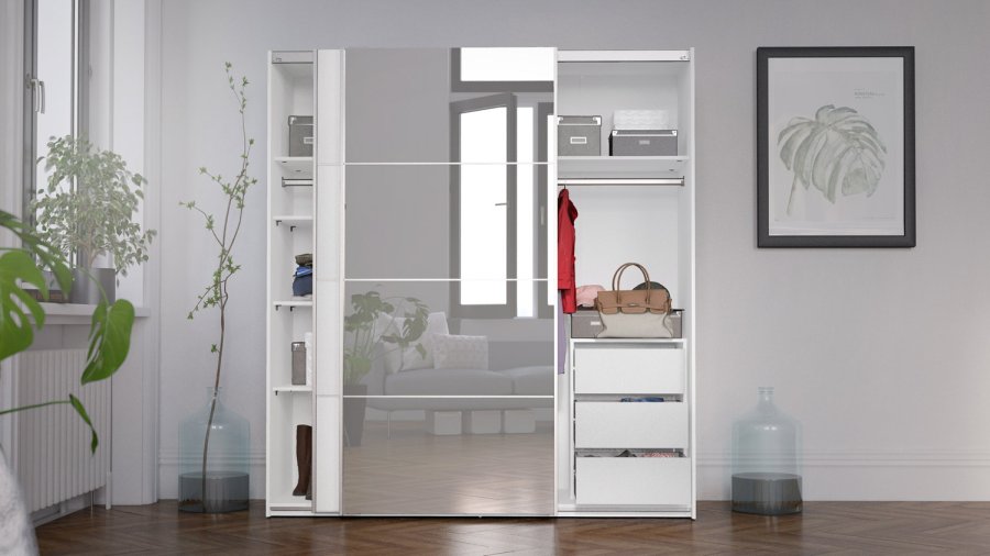TVILUM verona skjutdrrsgarderob - spegelglas och vitt laminat, 2 skjutdrrar med hyllor och 3 ldor