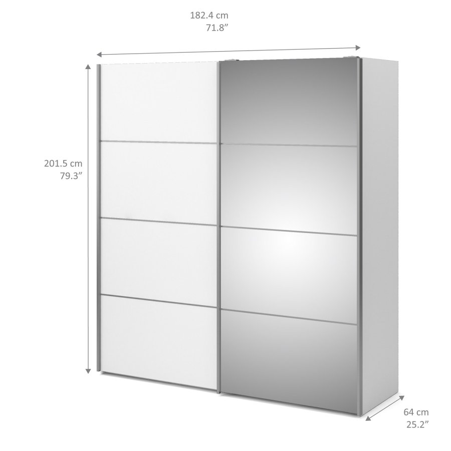TVILUM verona skjutdrrsgarderob - spegelglas och vitt laminat, 2 skjutdrrar med hyllor och 3 ldor