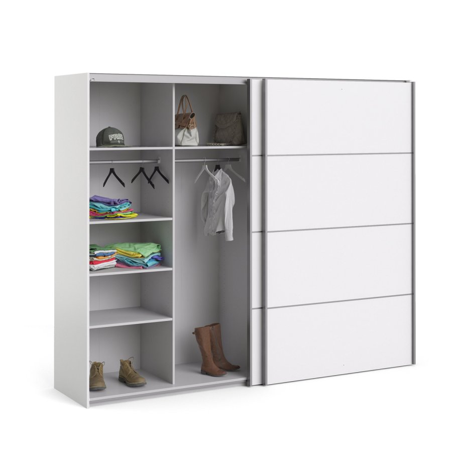 TVILUM Verona skjutdrrsgarderob - vit tr, 2 skjutdrrar, med hyllor, bred