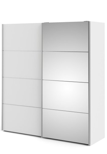 TVILUM Verona skjutdrrsgarderob - vit laminat och spegelglas, 2 skjutdrrar med hyllor