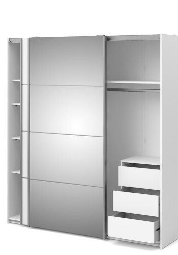 TVILUM verona skjutdrrsgarderob - spegelglas och vitt laminat, 2 skjutdrrar med hyllor och 3 ldor