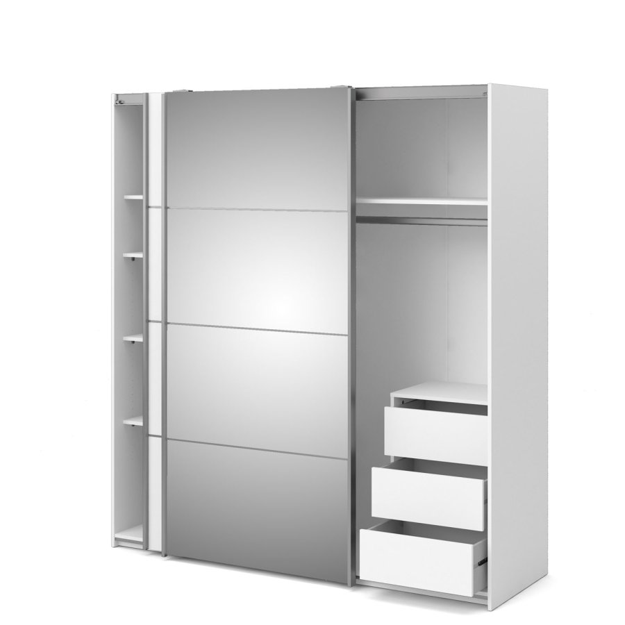 TVILUM verona skjutdrrsgarderob - spegelglas och vitt laminat, 2 skjutdrrar med hyllor och 3 ldor