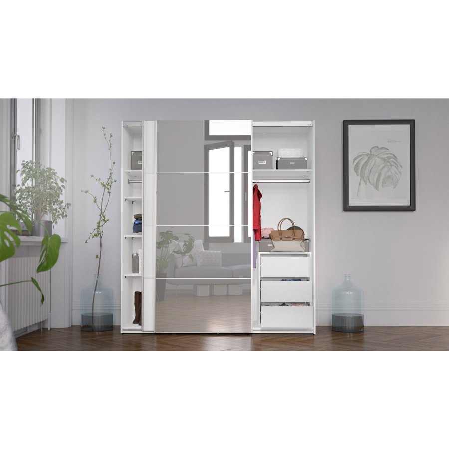 TVILUM verona skjutdrrsgarderob - spegelglas och vitt laminat, 2 skjutdrrar med hyllor och 3 ldor