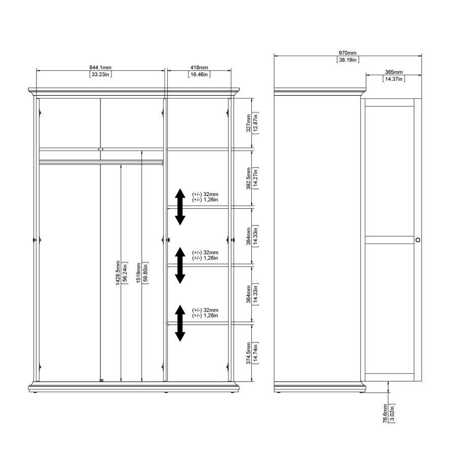 TVILUM Paris Kleiderschrank 3 Türen + Kleiderstange - weiß