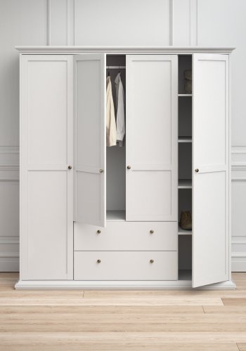 
TVILUM Paris garderobeskab - hvidt træ og laminat, 4 låger og 2 skuffer
