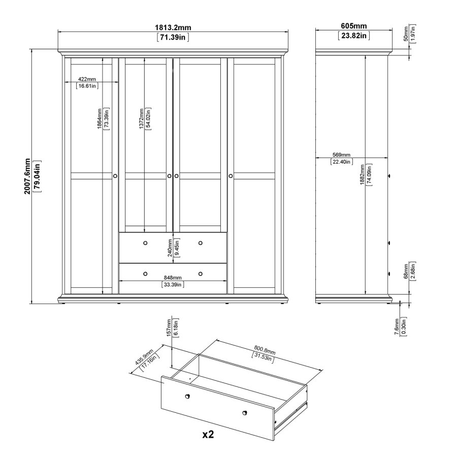 TVILUM Paris garderobe - matt grtt tre, m. 4 drer og 2 skuffer 
