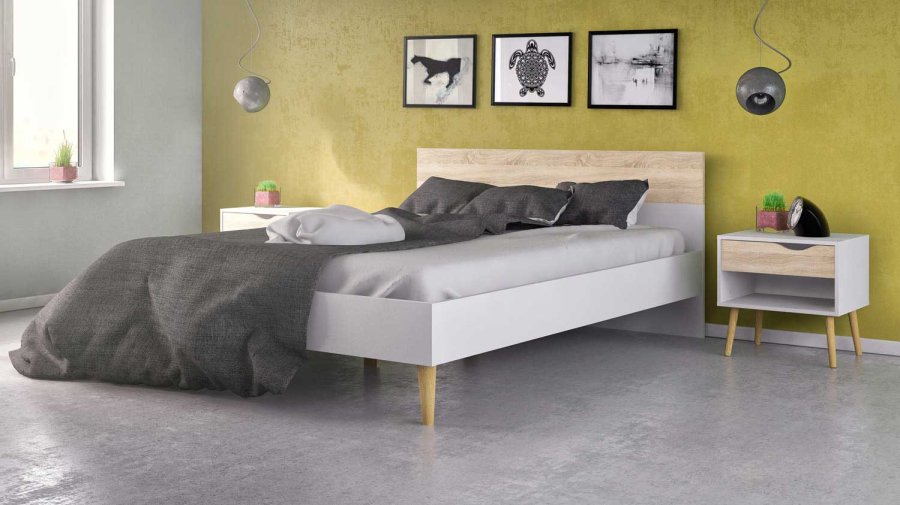 TVILUM Delta sngbord - vit / ek struktur, med 1 lda