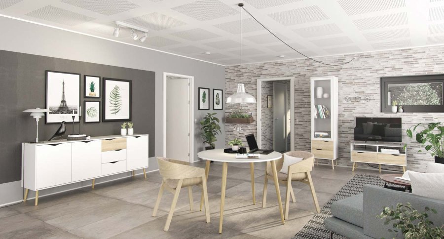 
TVILUM delta skænk - hvid/egestruktur, med 3 låger og 3 skuffer
