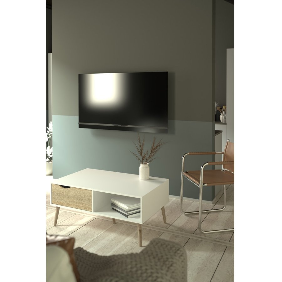 
TVILUM Delta sofabord - rektangulært, hvidt egtræ, med skuffe
