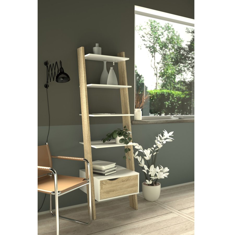 TVILUM Delta stigereol - hvidt/eg tr, m. 4 hylder og 1 skuffe