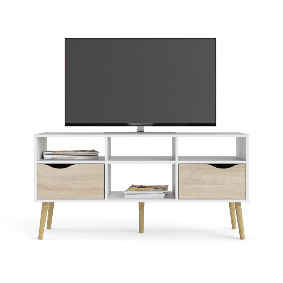 
TVILUM Delta TV-bord - hvid/egestruktur, 2 skuffer og 4 rum
