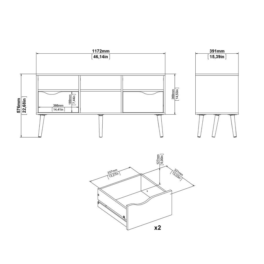 
TVILUM Delta TV-bord - hvid/egestruktur, 2 skuffer og 4 rum
