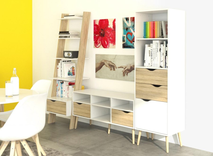 
TVILUM Delta TV-bord - hvid/egestruktur, 2 skuffer og 4 rum
