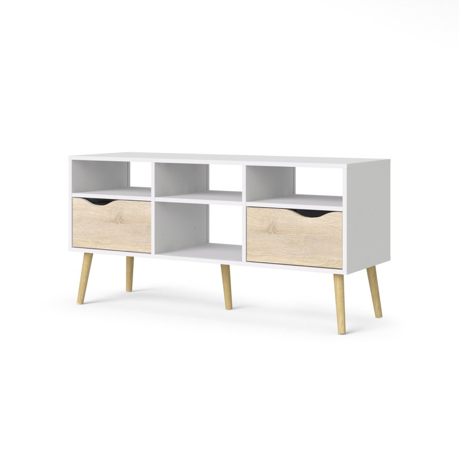 
TVILUM Delta TV-bord - hvid/egestruktur, 2 skuffer og 4 rum
