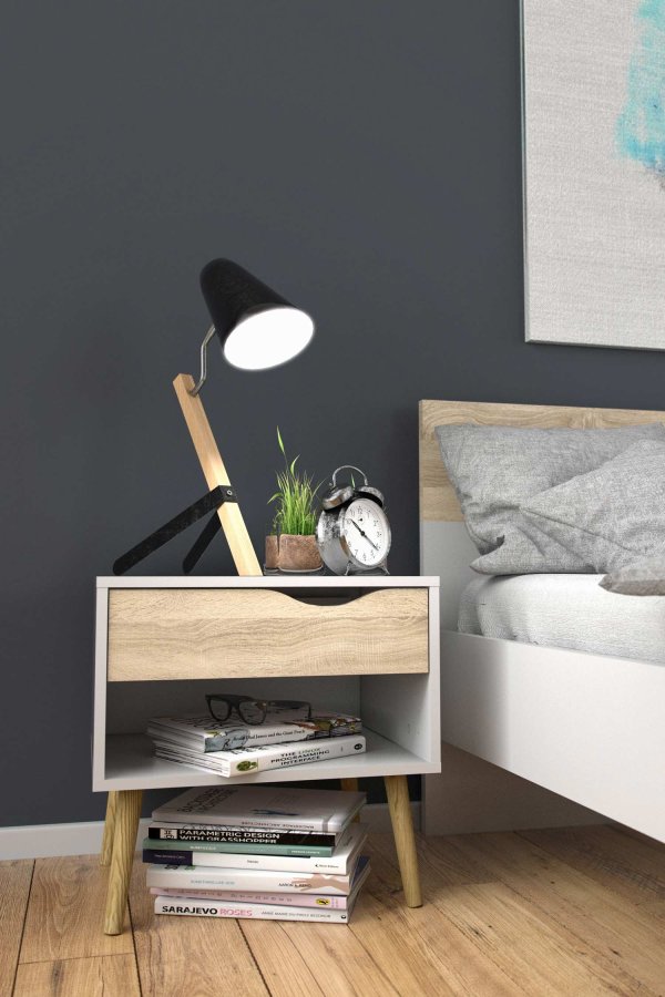 TVILUM Delta sngbord - vit / ek struktur, med 1 lda