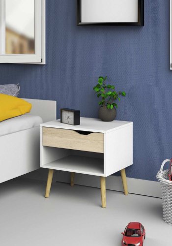 TVILUM Delta sngbord - vit / ek struktur, med 1 lda