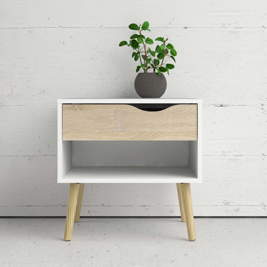 TVILUM Delta sngbord - vit / ek struktur, med 1 lda