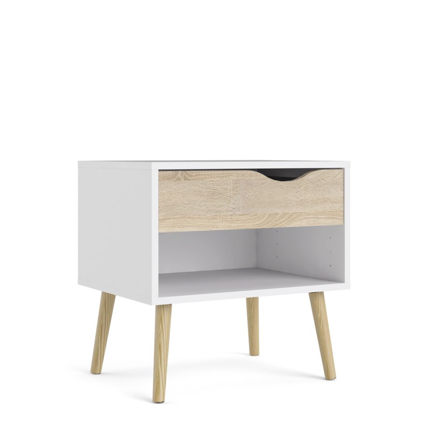 TVILUM Delta sngbord - vit / ek struktur, med 1 lda