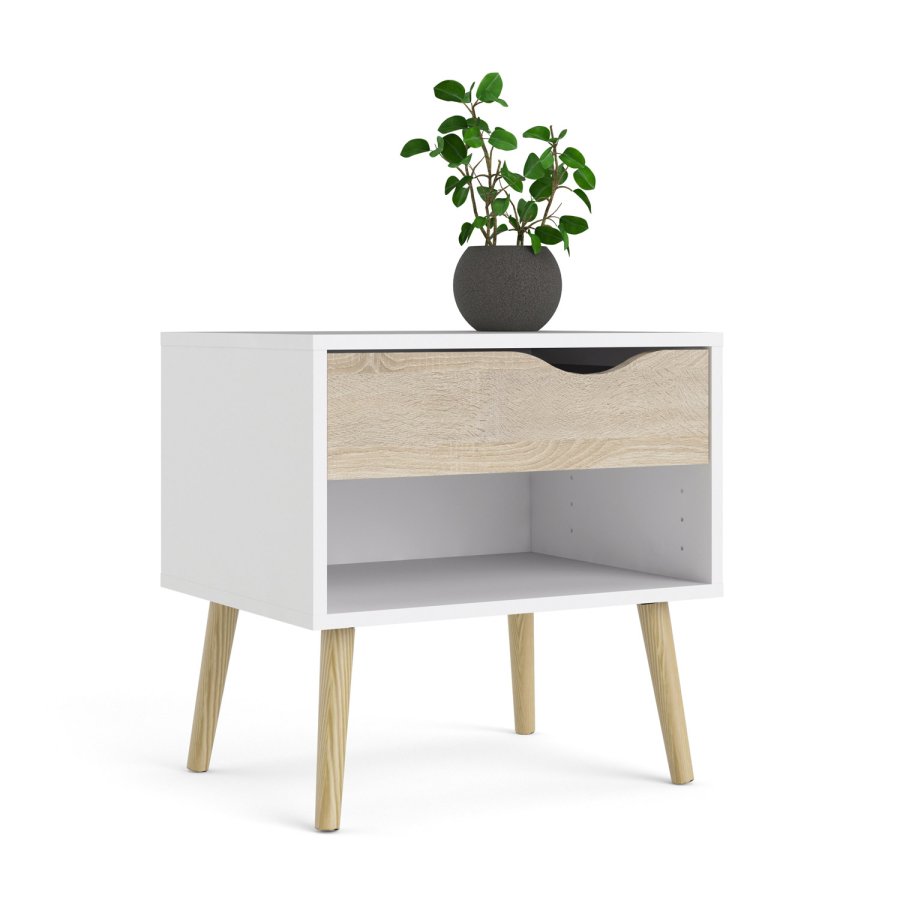 TVILUM Delta sngbord - vit / ek struktur, med 1 lda