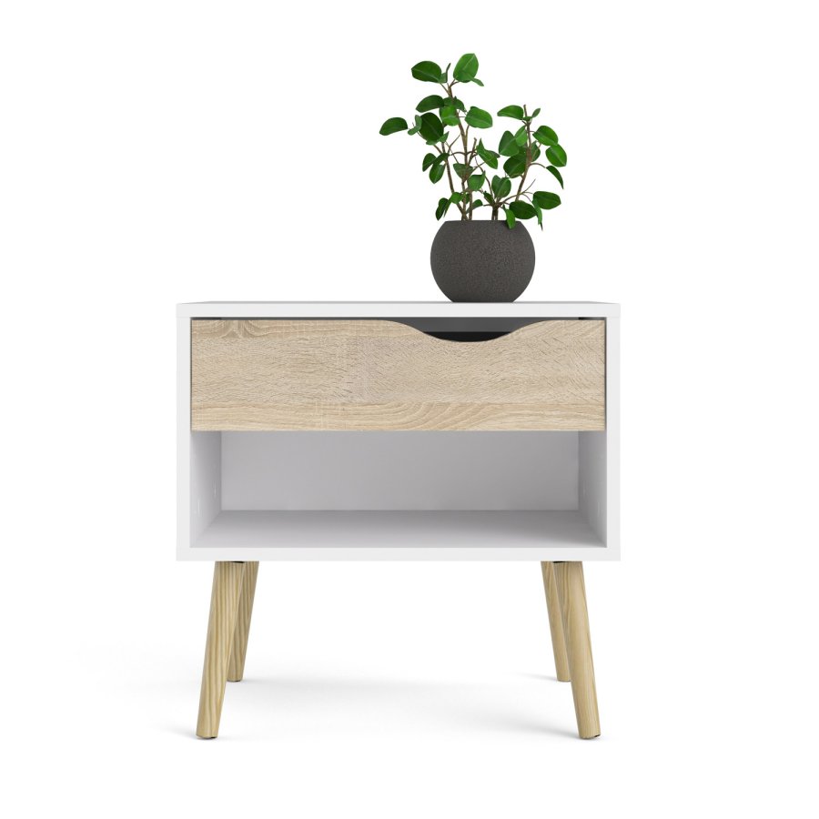 TVILUM Delta sngbord - vit / ek struktur, med 1 lda