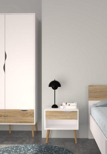 TVILUM Delta sngbord - vit / ek struktur, med 1 lda